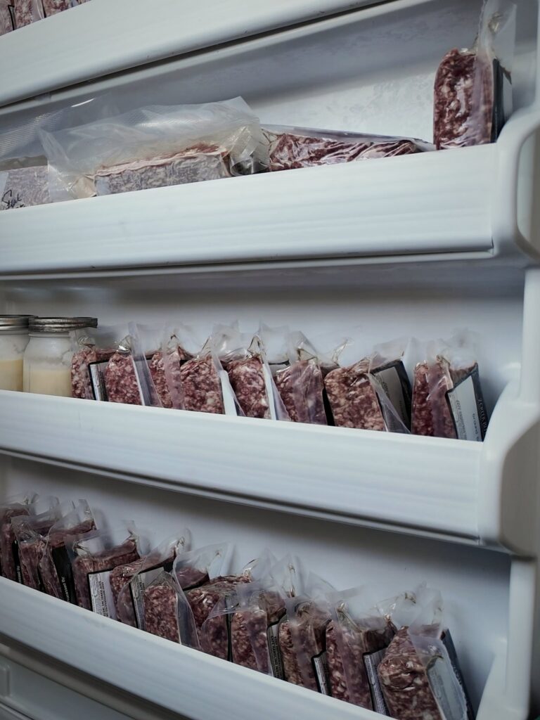 Vacuum-sealed packages of ground beef lined up on freezer door shelves