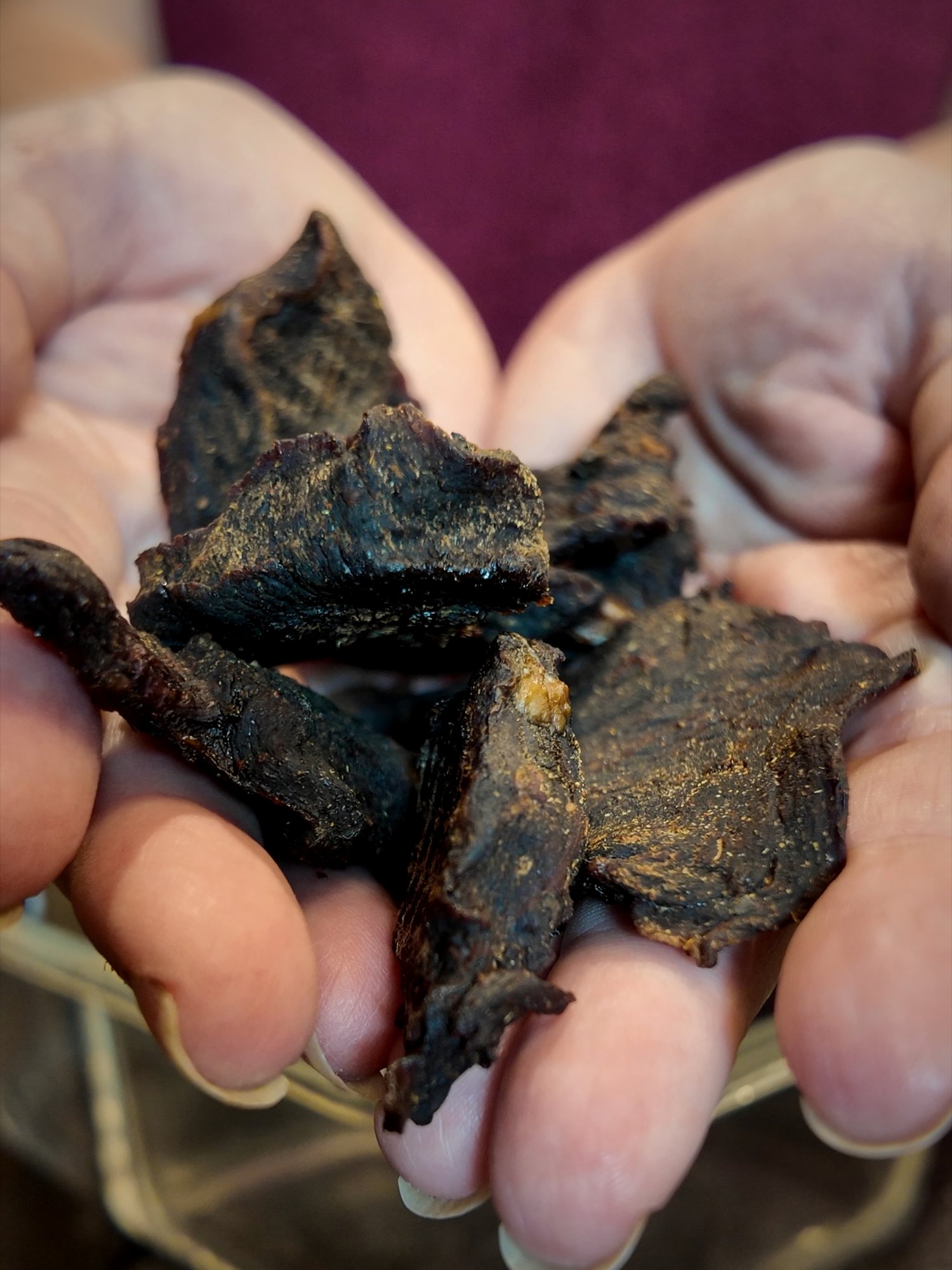 Cupped hands holding a pile of dried homemade venison jerky