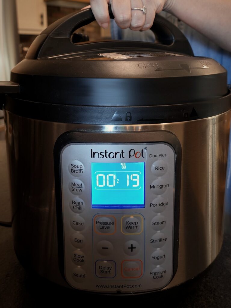 Hand holding the lid handle of an Instant Pot Duo Plus with the display showing 00:19.