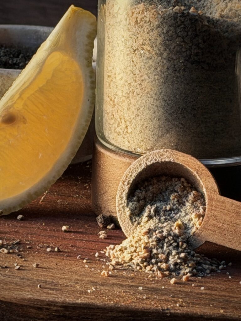 Close-up of a wooden scoop of lemon pepper seasoning spilling onto a cutting board