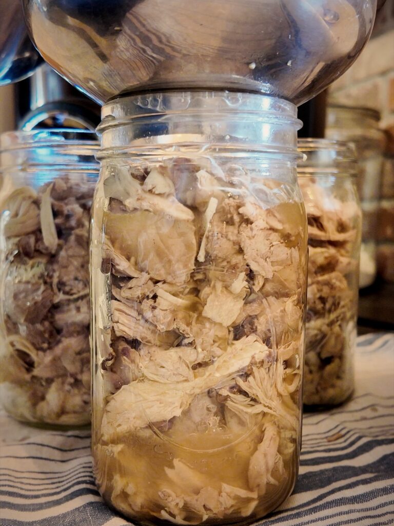 Stainless steel canning funnel on a quart jar packed with chicken and broth, with more filled jars behind it