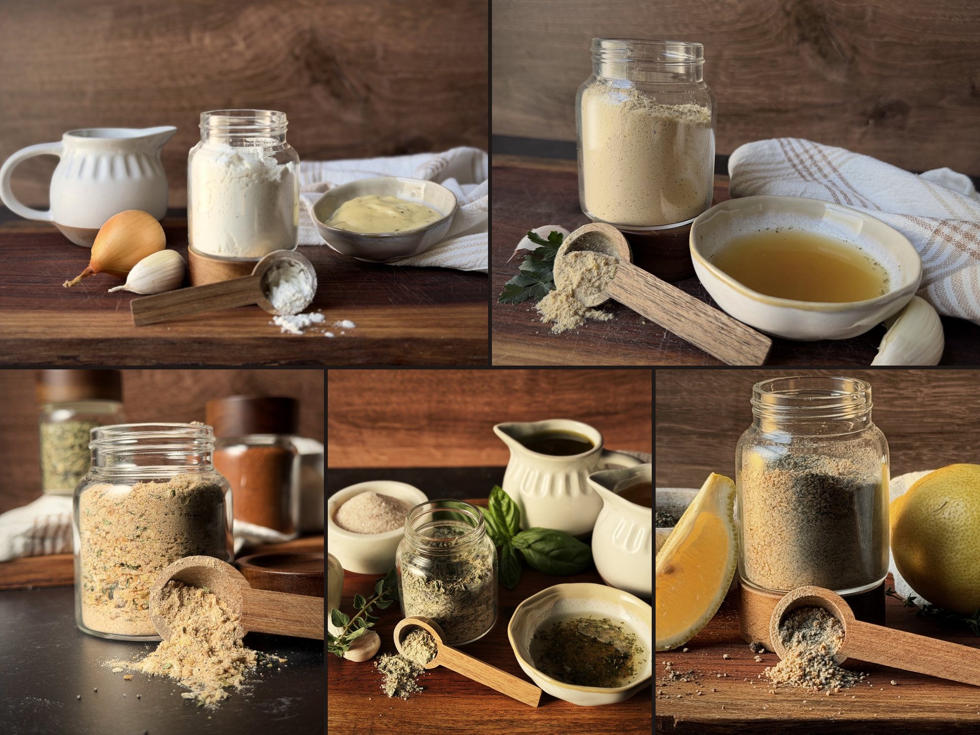 Five jars of homemade mixes on wooden boards: cream of soup mix, chicken bouillon powder with a bowl of broth, onion soup mix, Italian dressing mix with dressing, and lemon pepper seasoning with lemons