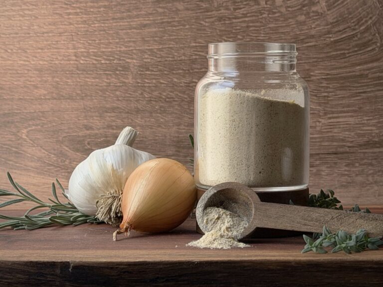 Glass jar of homemade beef bouillon powder with a wooden scoop of powder, a garlic bulb, a yellow onion, rosemary and thyme on a wooden board