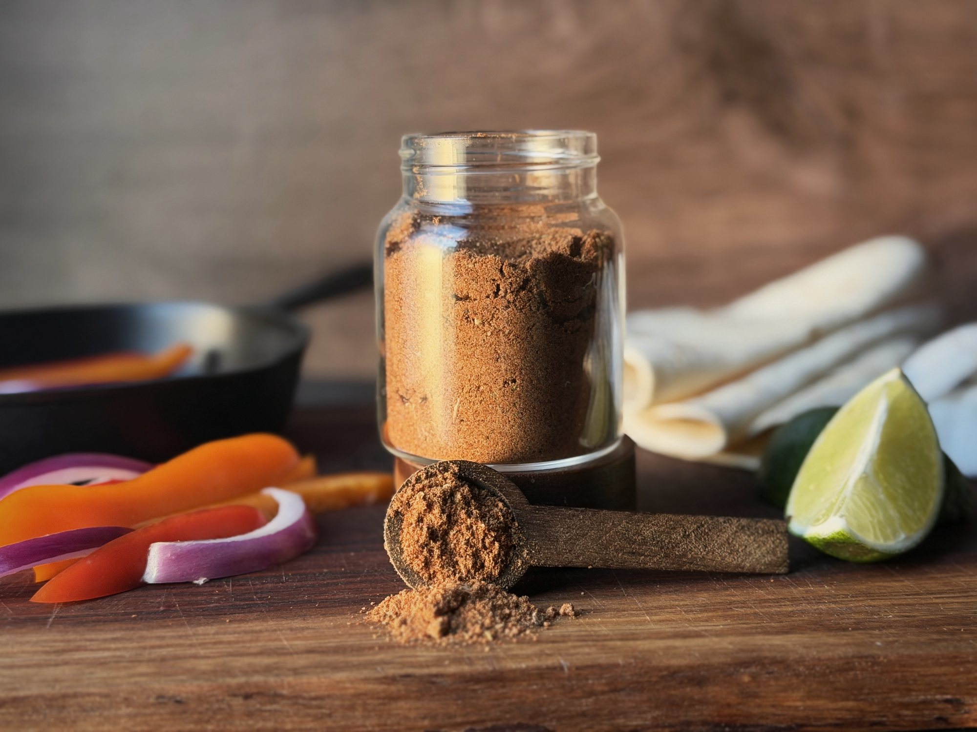 Homemade fajita seasoning in a glass jar