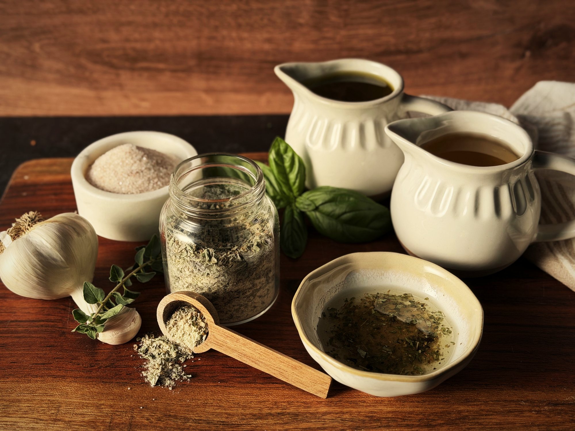 Glass jar of dried herb seasoning mix with a wooden scoop, a bowl of herb dressing, two small white pitchers, salt, garlic and fresh basil on a wooden board