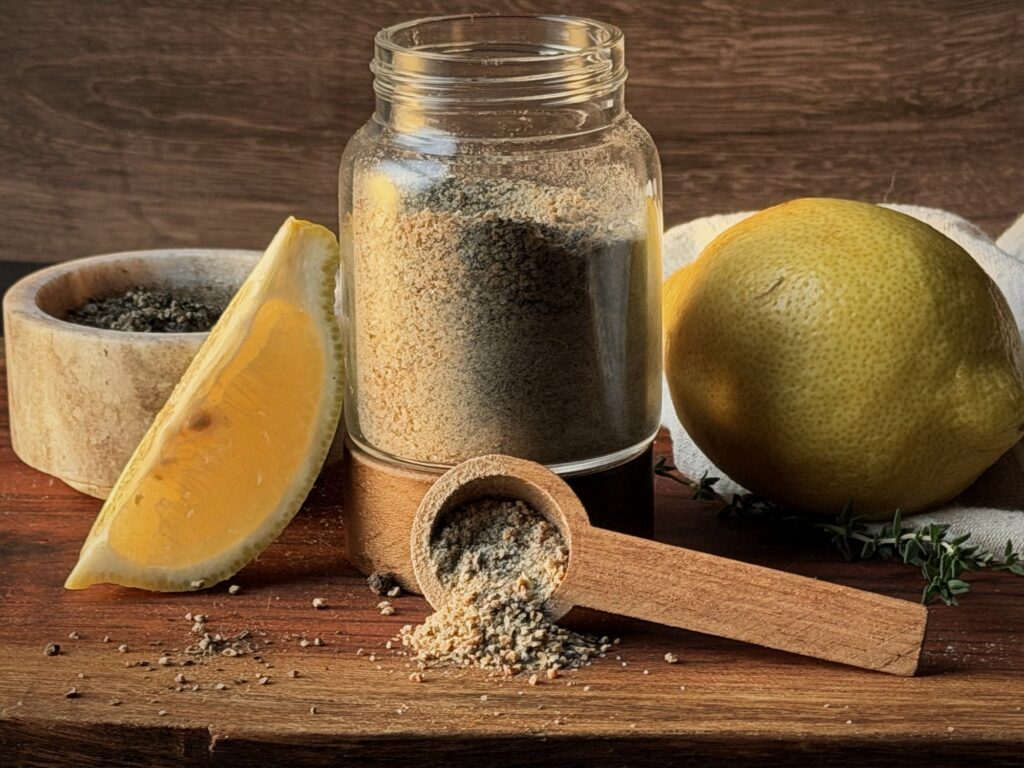 Glass jar of homemade lemon pepper seasoning with a lemon wedge, a whole lemon, and a wooden scoop on a cutting board