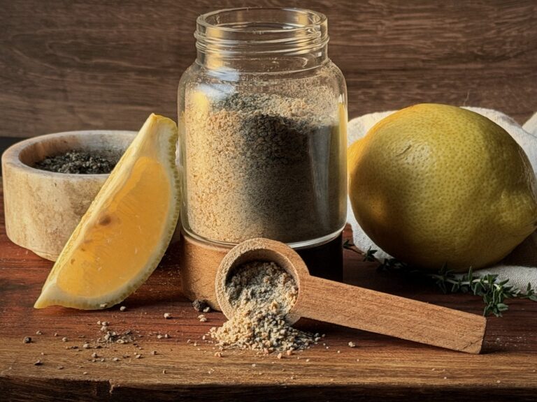 Glass jar of homemade lemon pepper seasoning with a lemon wedge, a whole lemon, and a wooden scoop on a cutting board