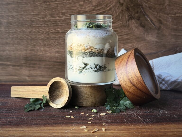Homemade ranch seasoning mix in a glass jar