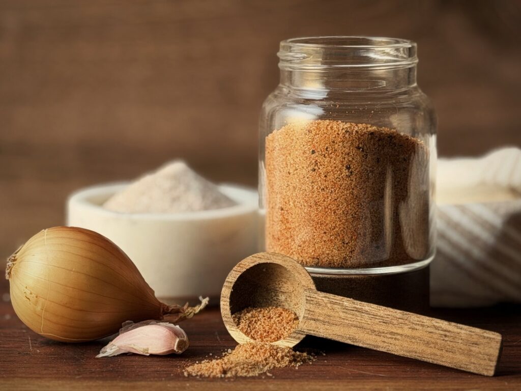 Glass jar of homemade seasoned salt with a wooden scoop, a yellow onion, a garlic clove, and a bowl of salt