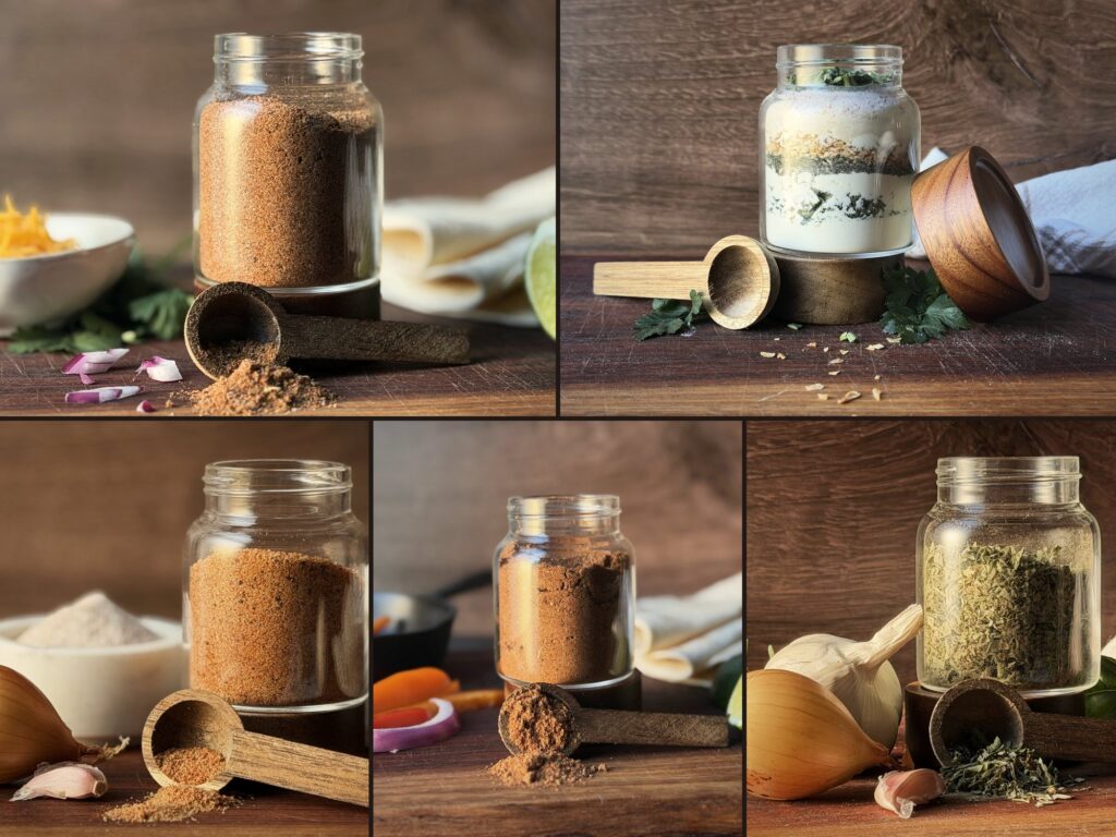 Five glass jars of homemade seasoning mixes with wooden scoops: taco seasoning, ranch seasoning mix, seasoned salt, fajita seasoning, and Italian seasoning
