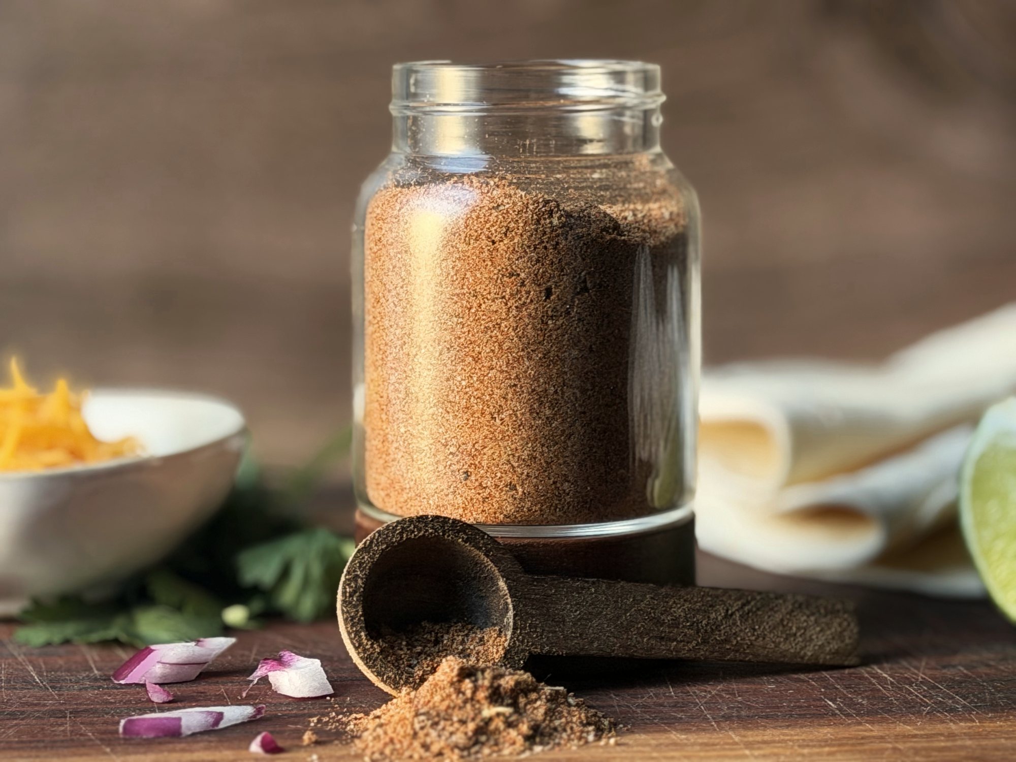 Homemade taco seasoning in a glass jar