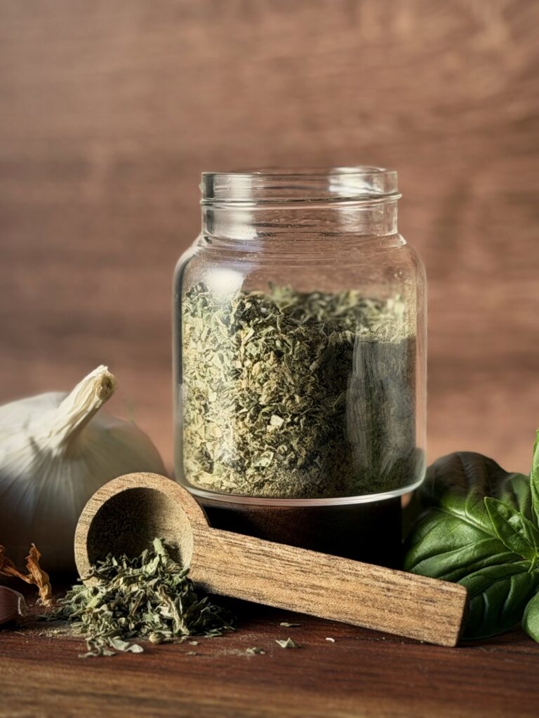 Glass jar of homemade Italian seasoning beside a wooden scoop of spilled dried herbs, a garlic bulb and fresh basil