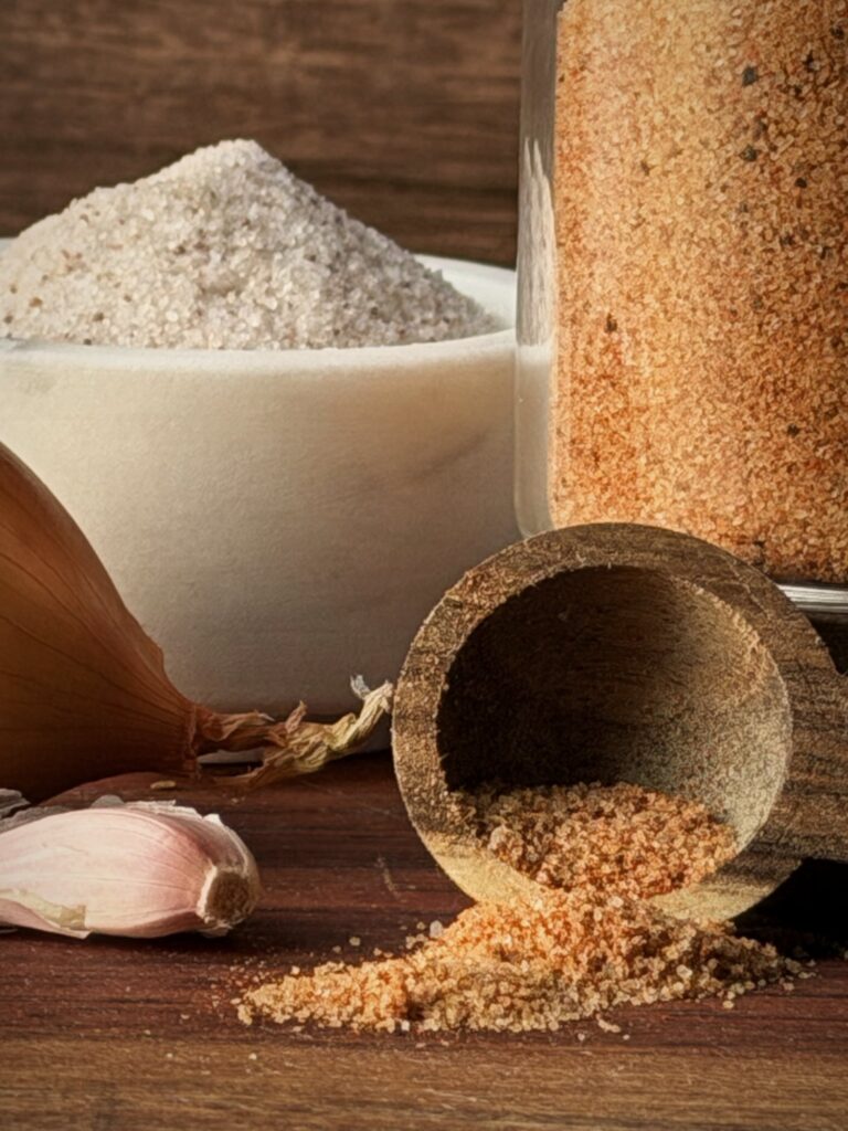 Wooden scoop of seasoned salt spilling onto a board beside a bowl of salt, an onion, and garlic